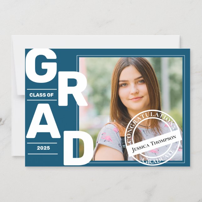 Invitation Magnétique Classe de 2025 Blue Bold Font Photo Graduation (Recto)