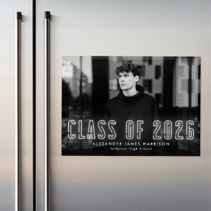 Invitation Magnétique Classe de Neon blanc moderne de 2025 - Diplôme pho
