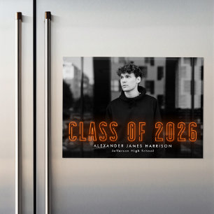 Invitation Magnétique Classe moderne Orange Neon de 2025 - Diplôme Photo