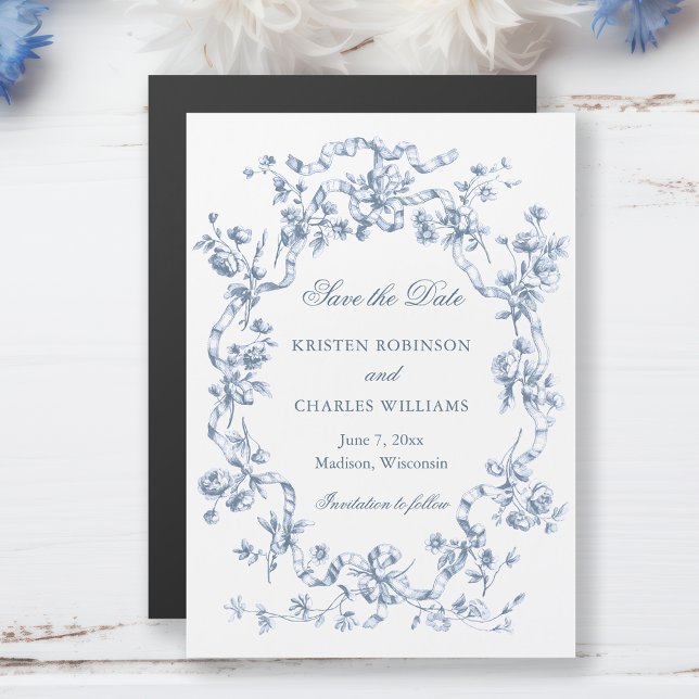 Invitation Magnétique Classic Dusty Blue Flowers & Ribbons Save the Date (Créateur téléchargé)