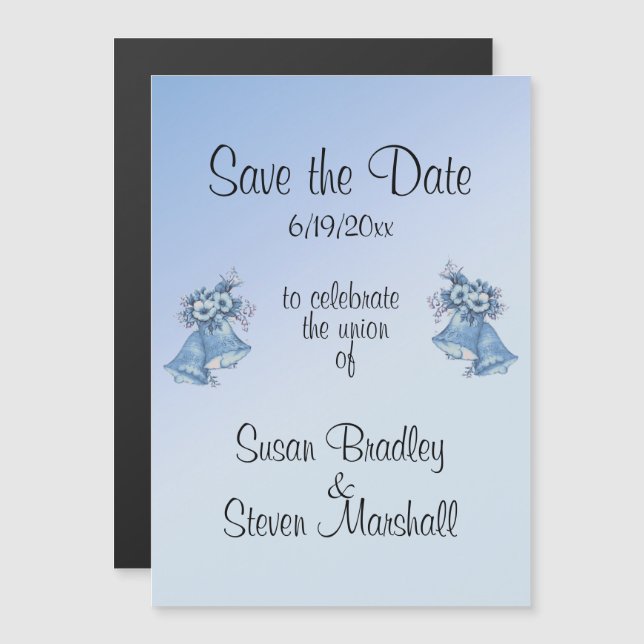 Invitation Magnétique Cloches de mariage bleu Save the Date (Devant / Derrière)