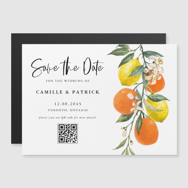 Invitation Magnétique Code QR Orange et Citron Botanique pour Sauvegarde (Devant / Derrière)