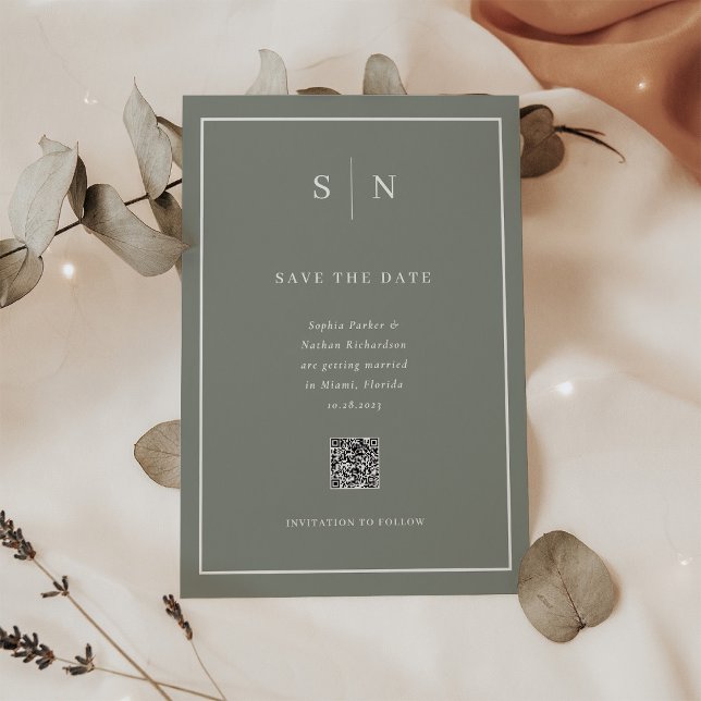 Invitation Magnétique Code QR vert minimal et chic Sage Enregistrer la d (A sage green magnetic save the date card, with scannable QR code)
