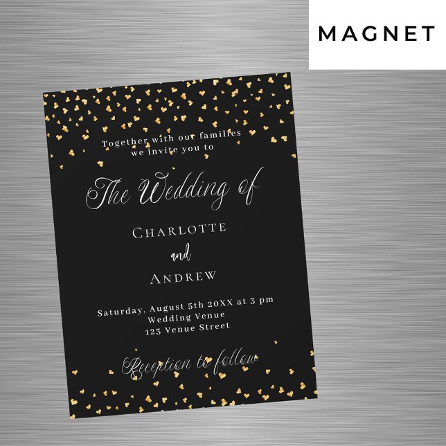 Invitation Magnétique Coeurs d'or noir mariage élégant script luxe (Créateur téléchargé)