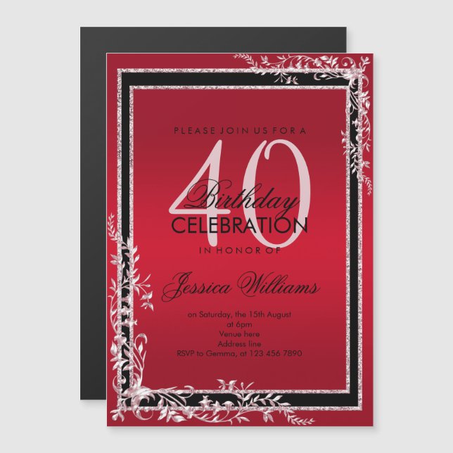 Invitation Magnétique Coins décoratifs Ruby & Black Anniversaire (Devant / Derrière)
