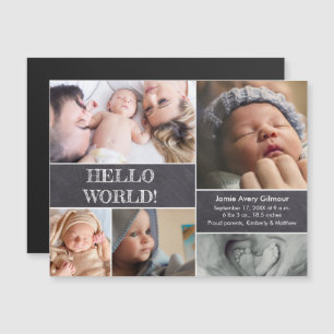 Invitation Magnétique Collage photo personnalisé Hello World naissance