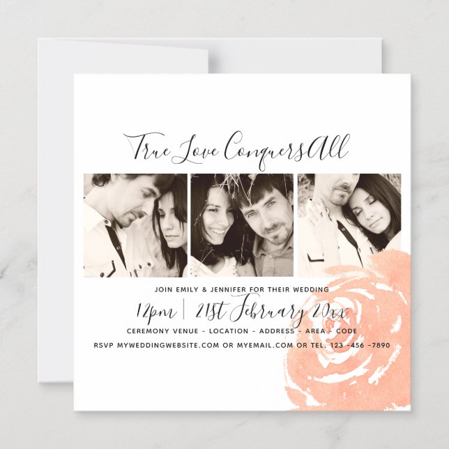 Invitation Magnétique Collage photo rose corail Mariage Save The Date (Recto)