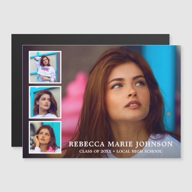 Invitation Magnétique Collage photo simple Graduation moderne (Devant / Derrière)