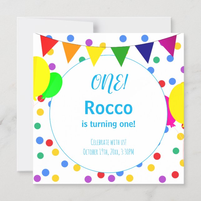 Invitation Magnétique Colorful Polka Dots and Balloons 1st Birthday Kids (Recto)