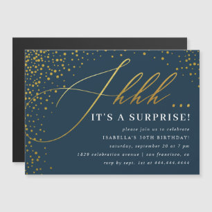 Invitation Magnétique Confetti Marine & Gold Script Surprise Party