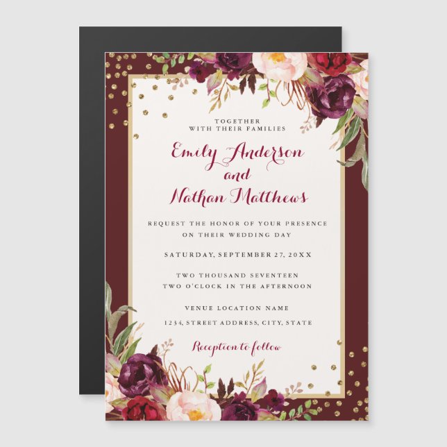 Invitation Magnétique Confettis Floraux Or de Mariage (Devant / Derrière)