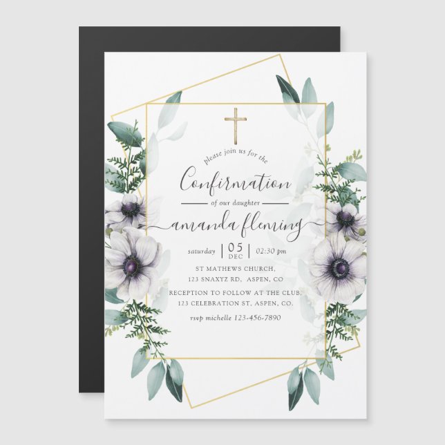 Invitation Magnétique Confirmation Florale Géométrique Eucalyptus (Devant / Derrière)