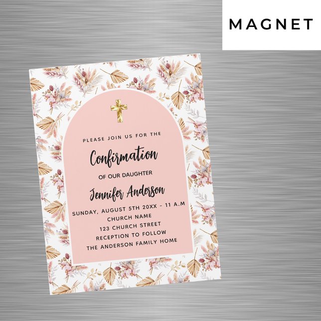 Invitation Magnétique Confirmation pampas fleurs rose or luxe (Créateur téléchargé)