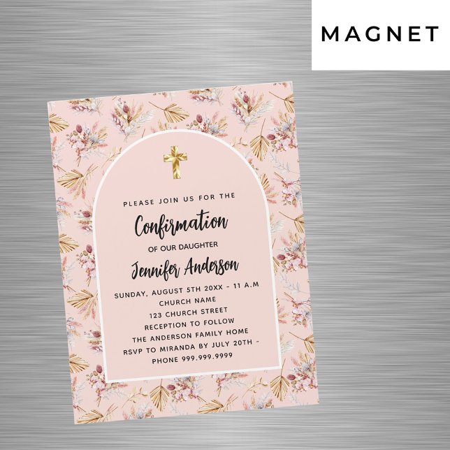 Invitation Magnétique Confirmation pampas herbe fleurs rose or luxe (Créateur téléchargé)