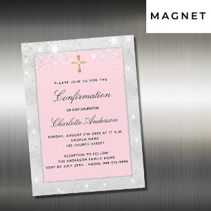 Invitation Magnétique Confirmation parties scintillant rose argent scrip