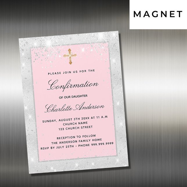 Invitation Magnétique Confirmation parties scintillant rose argent scrip (Créateur téléchargé)