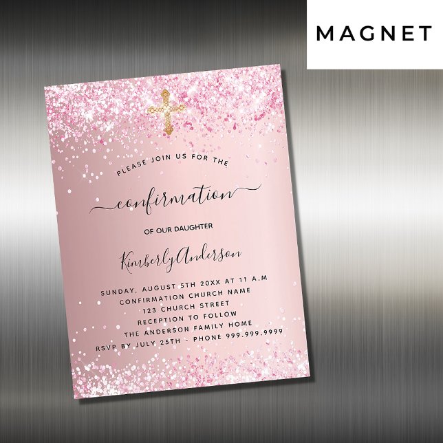 Invitation Magnétique Confirmation parties scintillant rose vif fille lu (Créateur téléchargé)