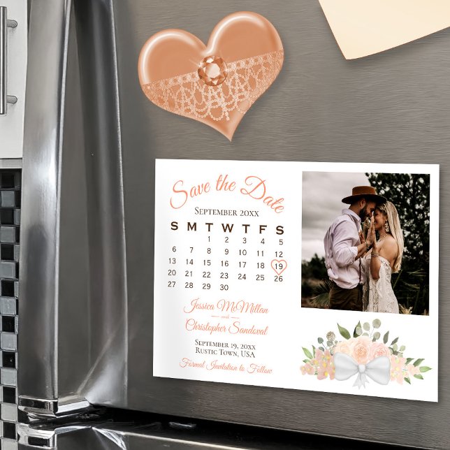 Invitation Magnétique Coral Peach Floral Calendrier & Photo Enregistrer  (Magnetic for Easy display!)
