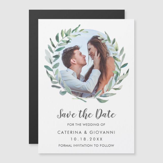 Invitation Magnétique Couronne de verdure rustique Photo mariage Enregis (Devant / Derrière)