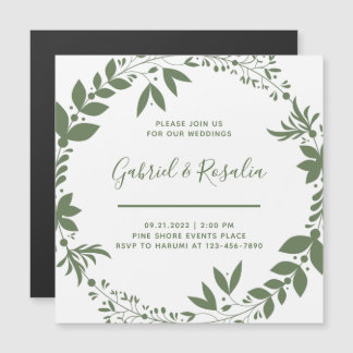 Invitation Magnétique Couronne élégante de mariage simple blanc et vert