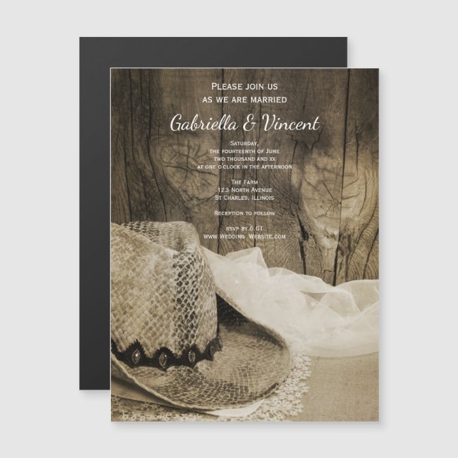 Invitation Magnétique Cowboy Casquette et Barn Wood Mariage de l'Ouest (Devant / Derrière)