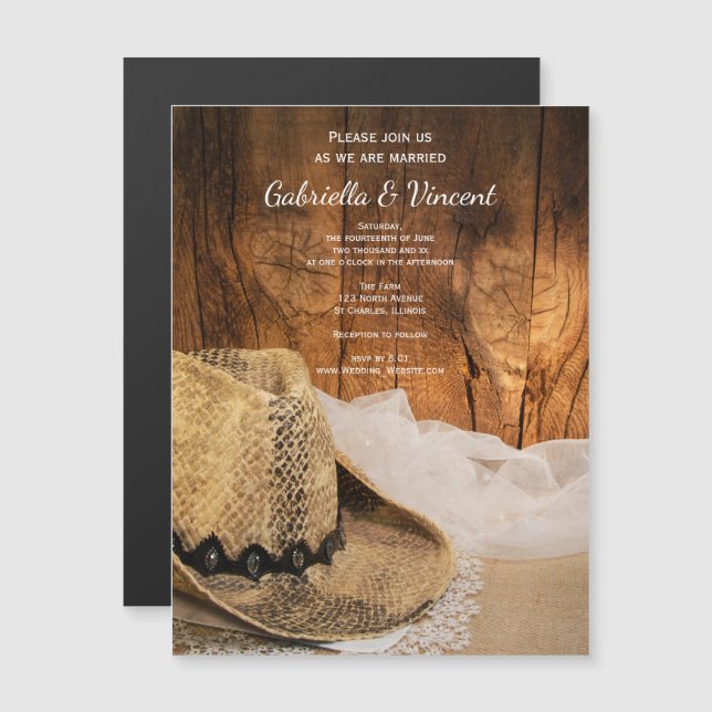 Invitation Magnétique Cowboy Casquette et Barn Wood Mariage de l'Ouest (Devant / Derrière)