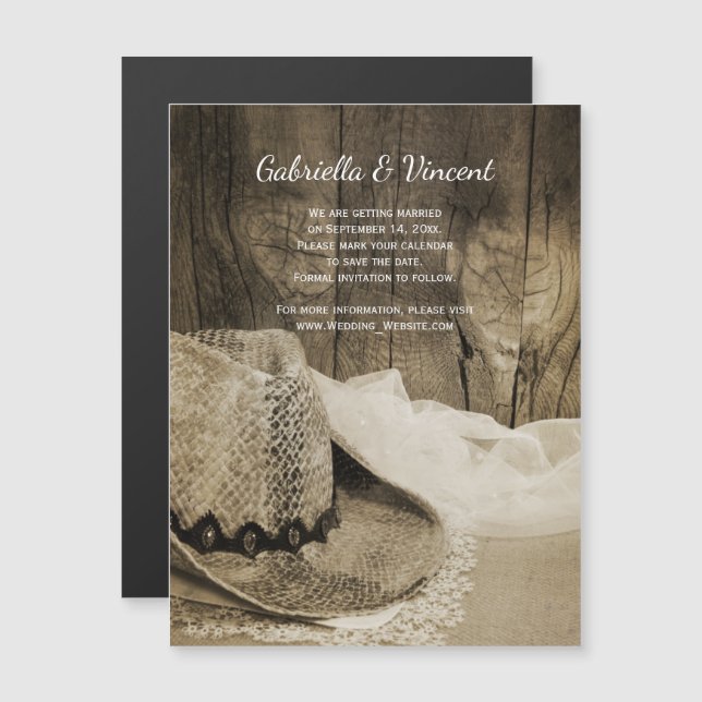 Invitation Magnétique Cowboy Casquette Grange Bois Mariage Occidental En (Devant / Derrière)