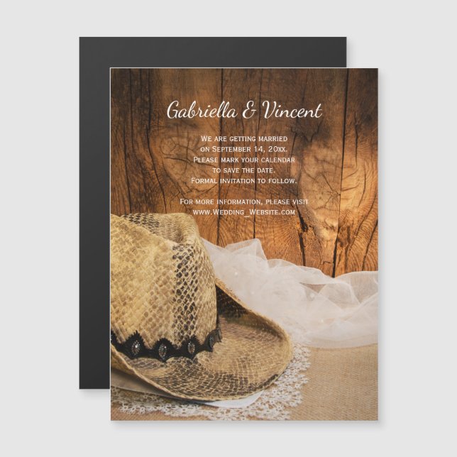 Invitation Magnétique Cowboy Casquette Grange Bois Mariage Occidental En (Devant / Derrière)