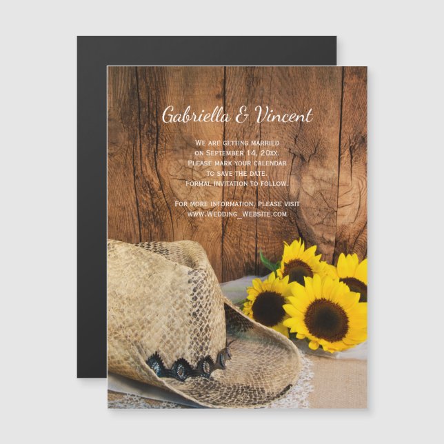 Invitation Magnétique Cowboy Casquette, Sunflowers Grange Mariage Enregi (Devant / Derrière)