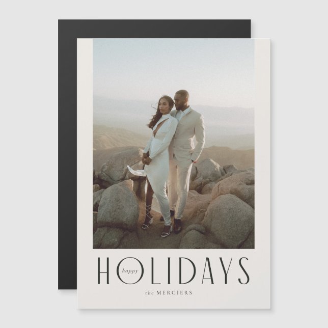 Invitation Magnétique Crème sophistiquée et Black Happy Holidays Photo (Devant / Derrière)