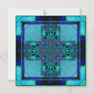 Invitation Magnétique Croix celtique en verre coloré bleu et aqua