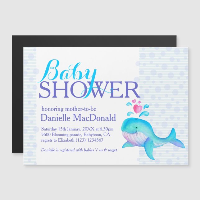 Invitation Magnétique Cute baleine baby shower aqua violet (Devant / Derrière)
