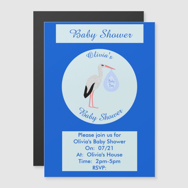 Invitation Magnétique Cute Blue Baby Boy Stork Baby shower personnalisé (Devant / Derrière)