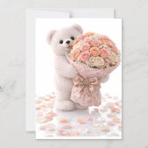 Cute Teddy Bear Holding Blush Peach Rose Bouquet 