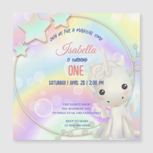 Invitation Magnétique Cute Unicorn Arc-en-ciel Anniversaire