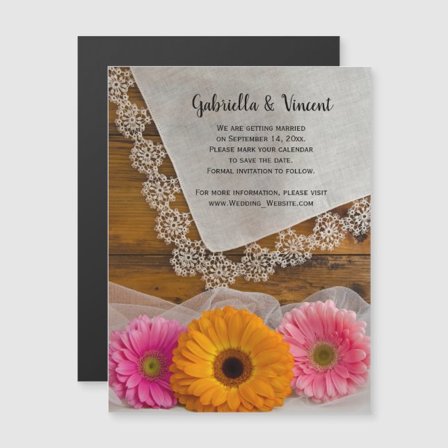 Invitation Magnétique Daisy Trio et Mariage campagnard dentelle Enregist (Devant / Derrière)