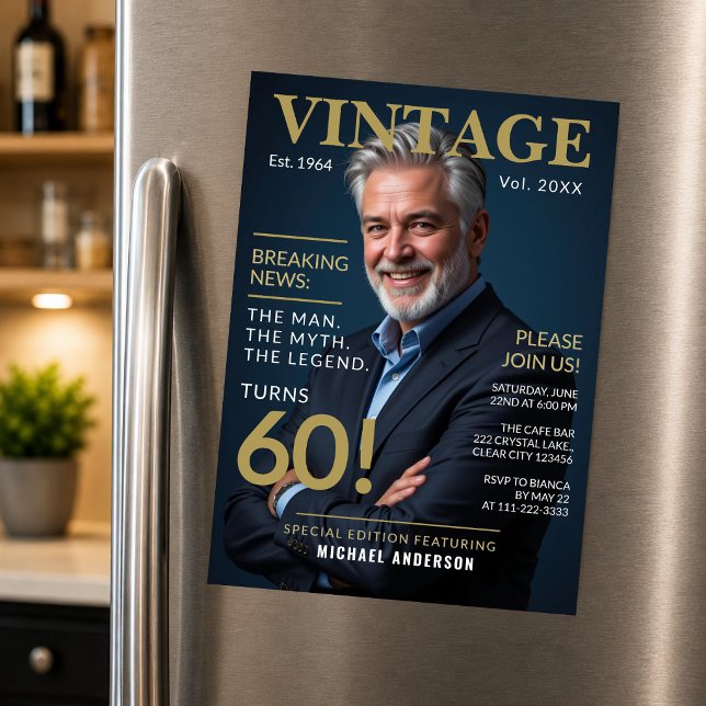 Invitation magnétique d'anniversaire Vintage 60 Ma (Vintage 60 magnetic invite with elegant masculine luxury kitchen styling.)