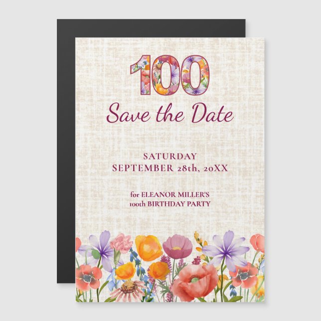 Invitation Magnétique Date anniversaire 100 ans Wildflower (Devant / Derrière)