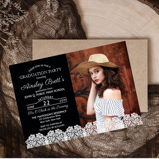 Invitation Magnétique Dentelle rustique | Photo Graduation Party (Rustic Country Lace Photo High School Graduation Announcement and Party Invitation - Print | Digital)