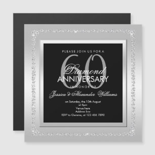 Invitation Magnétique Diamants Romantiques Argent 60e Anniversaire de Ma