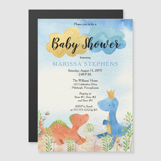 Invitation Magnétique Dinosaures mignons Jouer Baby shower garçon Invita (Devant / Derrière)