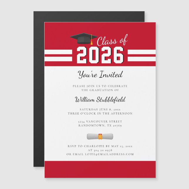 Invitation Magnétique Diplômé Rouge Blanc Simple Diplômé Moderne (Devant / Derrière)