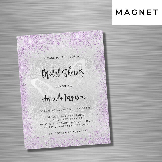 Invitation Magnétique Douche nuptiale argent violet papillon luxe (Créateur téléchargé)