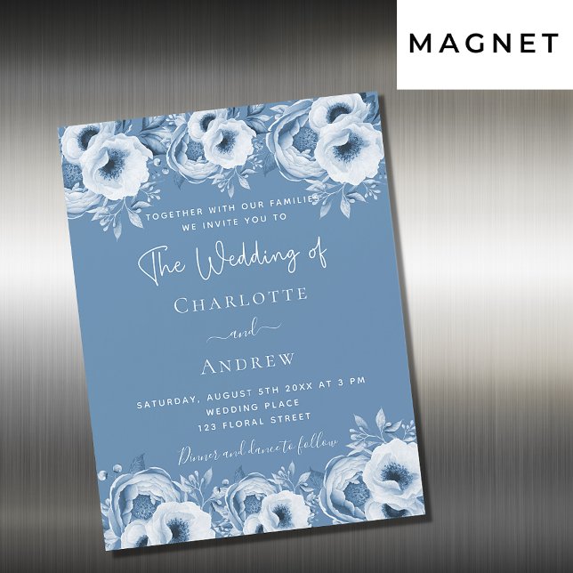 Invitation Magnétique Dusty bleu floral élégant script luxe mariage (Créateur téléchargé)
