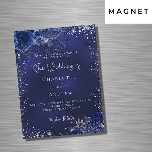 Invitation Magnétique Écriture de fleurs bleu marine argent mariage de l