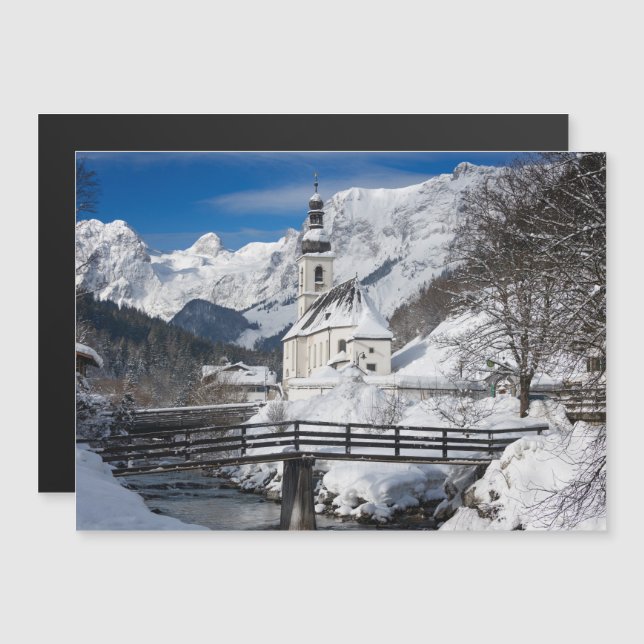 Invitation Magnétique Église dans la neige avec les Alpes (Devant / Derrière)