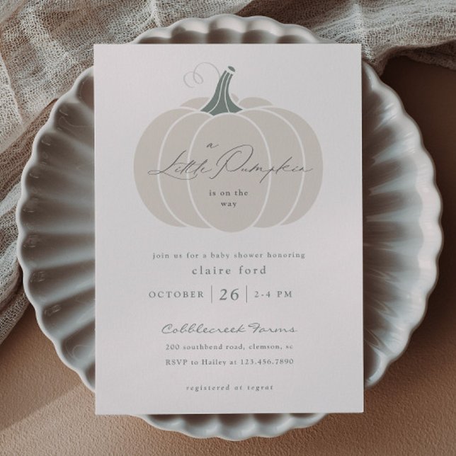 Invitation Magnétique Elégant Baby shower d'automne blanc petit Citrouil (Elegant White Little Pumpkin Baby Shower Magnetic Invitations.)