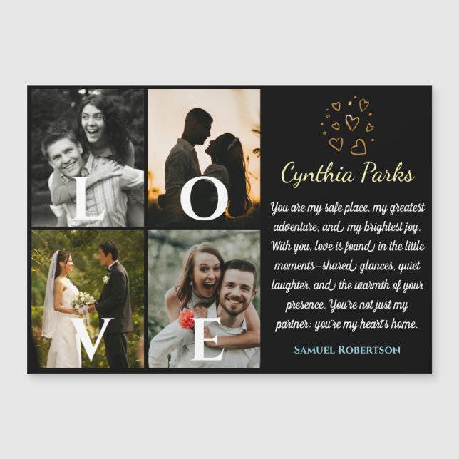 Invitation Magnétique Elégant Black Custom 4 Photos Pour Couples Mariage (Devant)