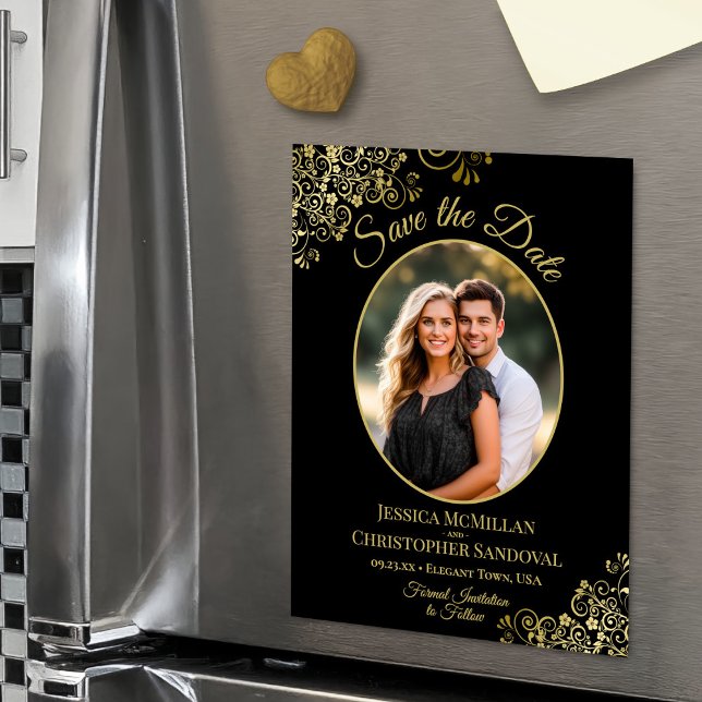 Invitation Magnétique Elegant Black & Gold Wedding Save the Date Photo (Magnetic Back for Easy Display!)