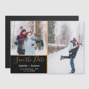 Invitation Magnétique Elégant Black Photo Collage Gold Enregistrer la da